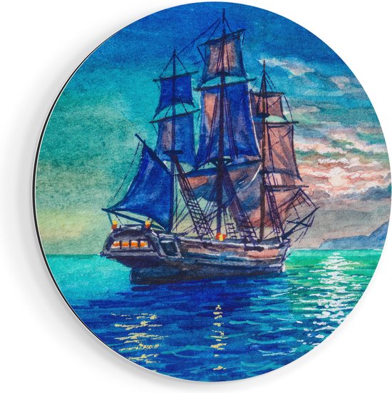 Artaza Dibond Muurcirkel Oude Piratenschip Zeilboot Getekend - Ø 60 cm - Wandcirkel - Rond Schilderij - Voor Binnen en Buiten