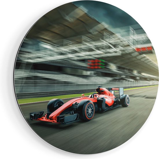 Artaza Dibond Muurcirkel Formule 1 Auto bij de Finish in het Rood - Ø 70 cm - Wandcirkel - Rond Schilderij - Voor Binnen en Buiten