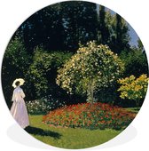 WallCircle - Wandcirkel ⌀ 90 - Vrouw in een tuin - Schilderij van Claude Monet - Ronde schilderijen woonkamer - Wandbord rond - Muurdecoratie cirkel - Kamer decoratie binnen - Wanddecoratie muurcirkel - Woonaccessoires