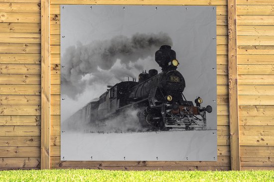 Affiche de Jardin Locomotive à vapeur dans la neige - carré - 200x200 cm - Toile jardin - Affiche extérieure