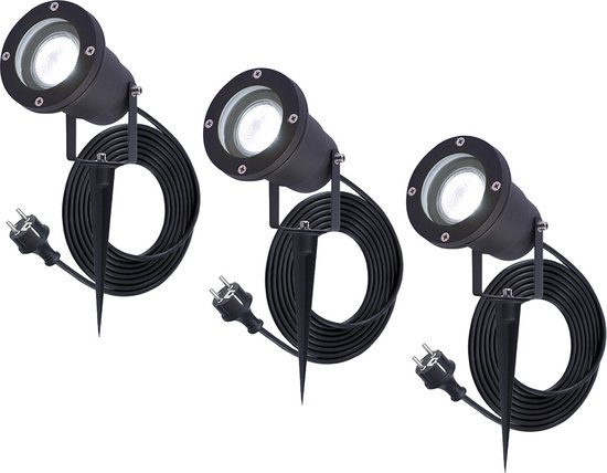 HOFTRONIC™ 3x Sydney Prikspot - GU10 - Plug & Play - Daglicht wit 6000K - 5 Watt - Voor buiten - Priklamp - Zwart - Grondspies - 1.5 meter netsnoer - Tuin spots,