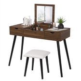 Make-uptafel met spiegel en kruk, kaptafel met opklapbare spiegel, bureau met 2 laden, 100 x 40 x 75 cm (l x b x h), make-uptafel computertafel met groot tafelblad, eiken