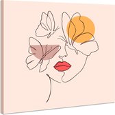Schilderij - Line art Vrouw met Vlinders, rood/geel/roze, Premium Print