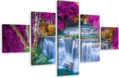 Schilderij - Waterval en paarse bomen, 5luik, premium print