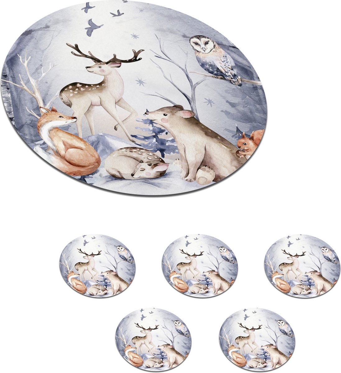 Onderzetters voor glazen - Rond - Bos - Winter - Kerst - 10x10 cm - Glasonderzetters - 6 stuks