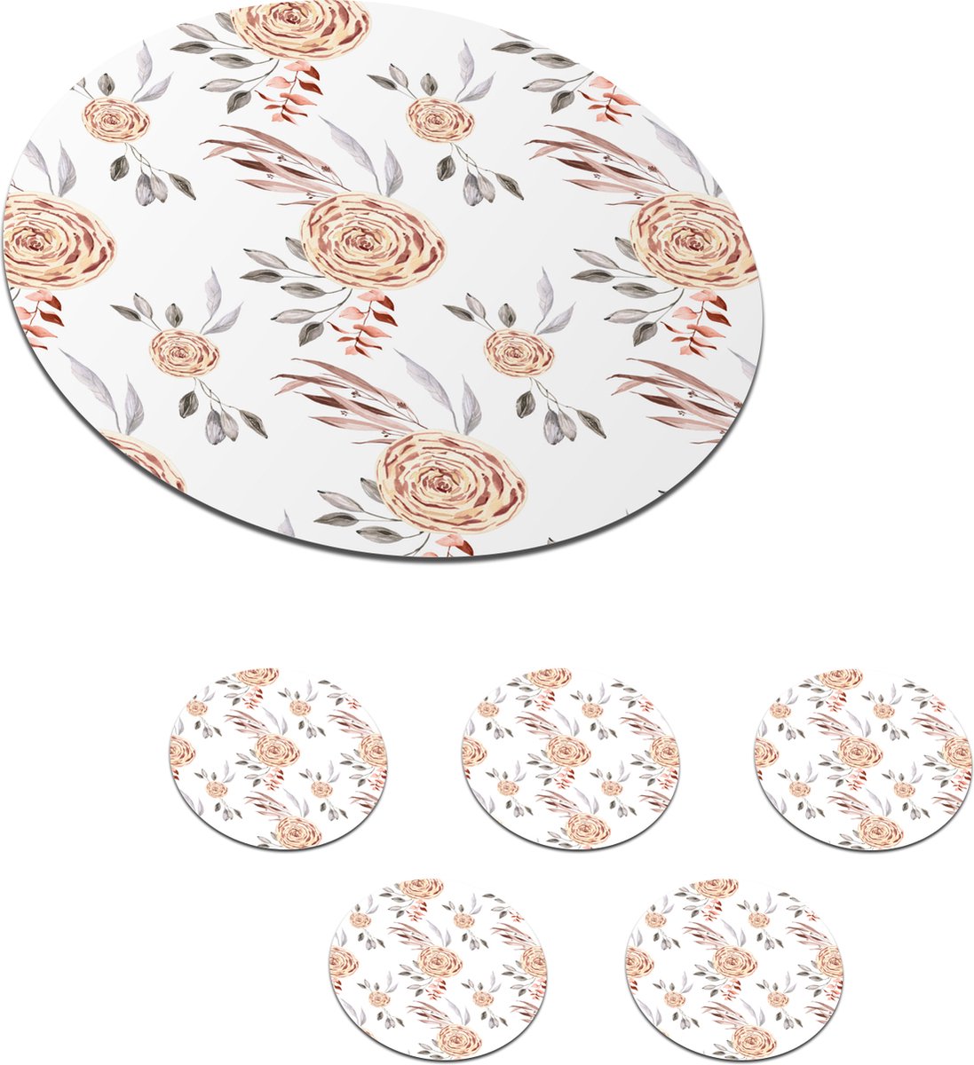 Onderzetters voor glazen - Rond - Rozen - Goud - Wit - 10x10 cm - Glasonderzetters - 6 stuks