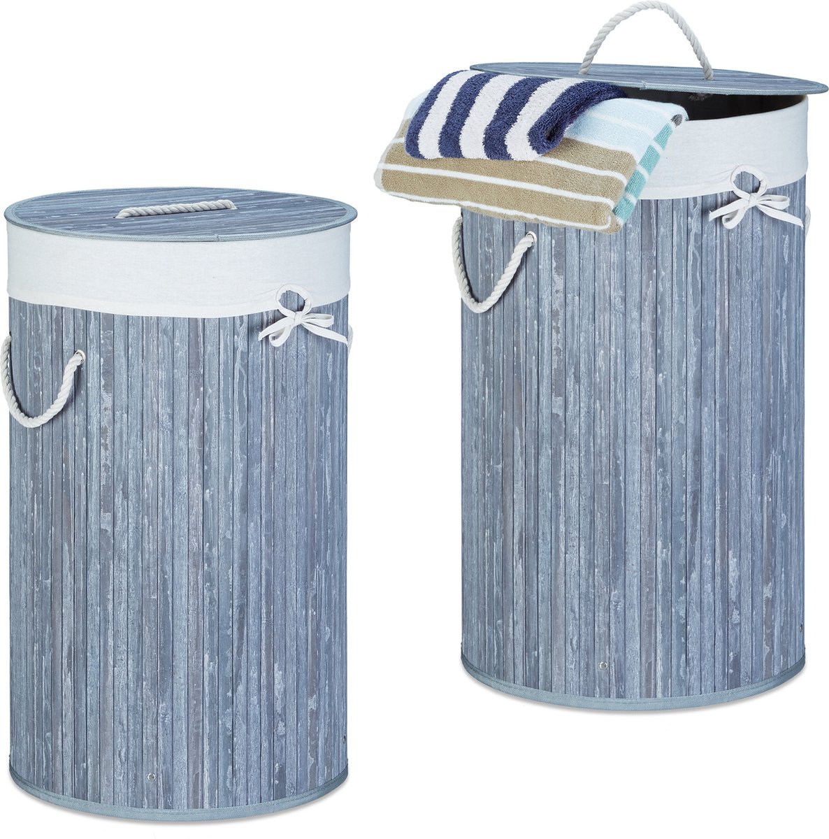 Goedkoopste 2x wasmand bamboe - wasbox met deksel - 70 liter - rond - 65 x 41 cm - grijs
