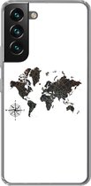 Geschikt voor Samsung Galaxy S22 hoesje - Wereldkaart - Goud - Zwart - Windroos - Siliconen Telefoonhoesje