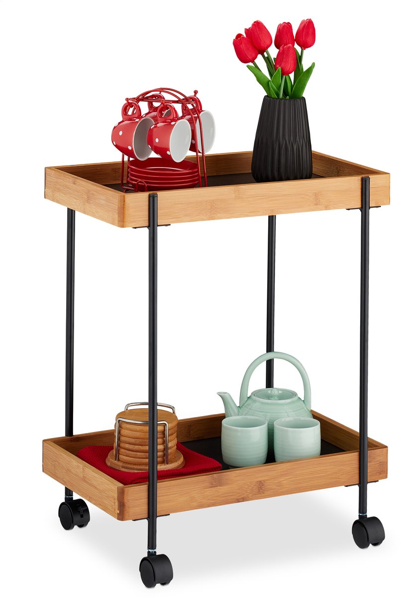 roltafel - 2 laags - bamboe - ijzer - met wielen - 57x46x28 cm - zwart-natuur