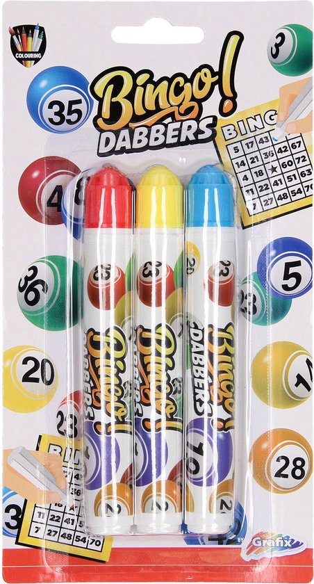 Thumbnail van een extra afbeelding van het spel 6x Bingo stiften/markers - Blauw - Geel - Rood - Bingo Dabbers