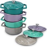 Poêles rondes en fonte Navaris - 4x cocotte en fonte avec couvercle - Set de 4 casseroles avec revêtement émaillé - Sarcelle/Violet/Vert/ Grijs