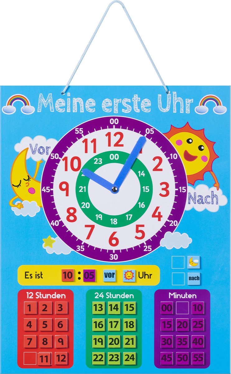 Navaris magnetische leerklok voor kinderen - Leren kloklezen - 24 en 12 uurs educatief bord voor de kleintjes - Kinder muurbord Duits