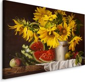 Schilderij - Stilleven Zonnebloemen en Fruit, Premium Print