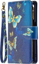 Oppo A54S / A16 / A16S - Portemonnee met rits - book-case hoesje - ruimte voor 9 pasjes - goud blauw vlinders