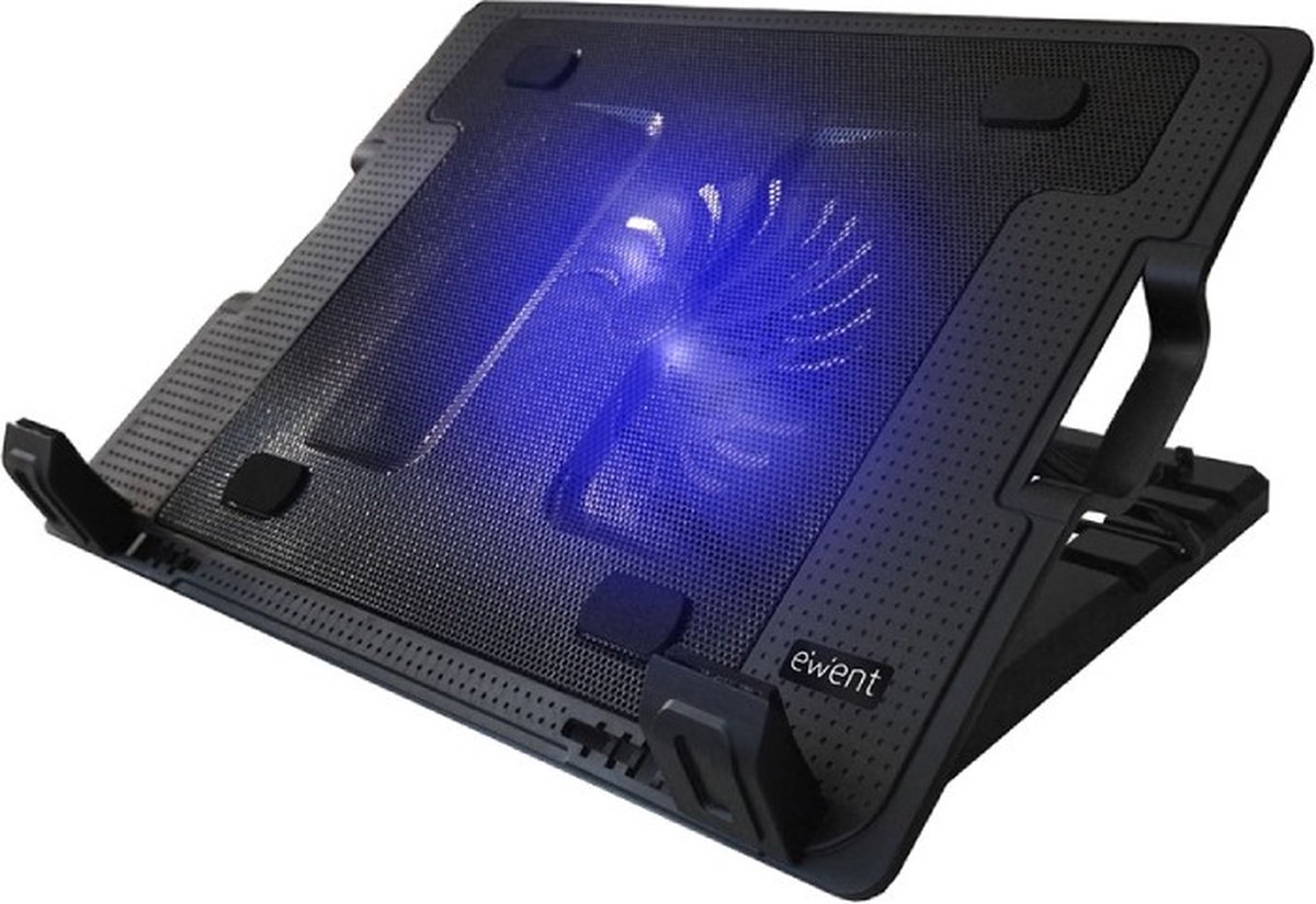 2 in 1 Laptophouder en laptopkoeler – 5 standen verstelbaar – Incl 2x. USB poorten – LED verlichting – Ewent EW1258
