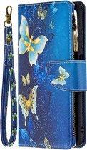 Samsung Galaxy A03s - Portemonnee met rits - book-case hoesje - ruimte voor 9 pasjes - goud blauw vlinders