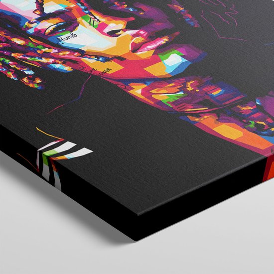 Detail van een abstract, kleurrijk XXXTentacion portret op canvas.