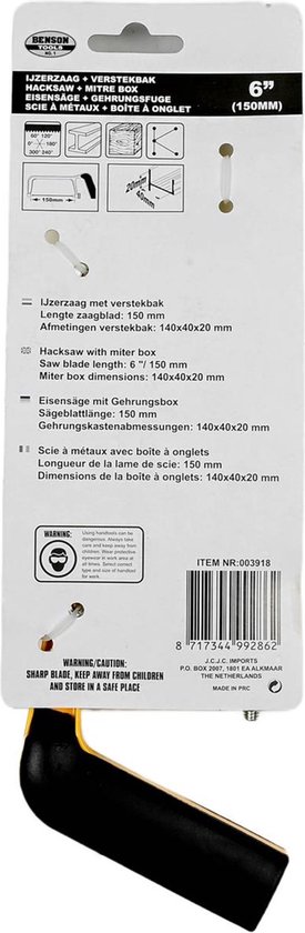 Achterkant van Benson verpakking met informatie over 150mm ijzerzaag met verstekbak.