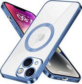 Hoesje Geschikt voor iPhone 14 – Met Magnetisch Ring Magesafe compatibel backcover – Lens beschermer – Transparant / Blauw