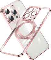 Hoesje Geschikt voor iPhone 14 Pro Max – Met Magnetisch Ring Magesafe compatibel backcover – Lens beschermer – Transparant / Rosegoud