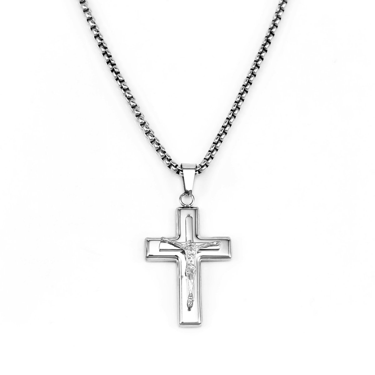 60cmx 3mm Ketting + Kruis met Jezus Unisex - RVS - Religieus Christus Kruis Hanger