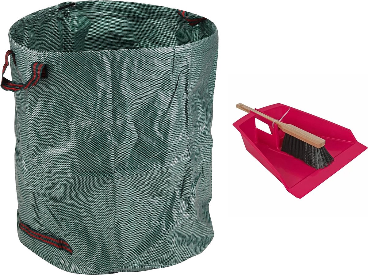 Goedkoopste Talen Tools Stoffer en blik - roze - 43 cm - met tuinafvalzak 272L voor tuinafval/bladeren