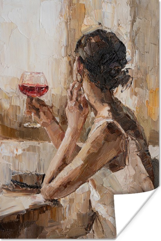 Poster Schilderij - Olieverf - Vrouw - Wijn