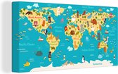 Canvas Wereldkaart - 40x20 - Wanddecoratie Wereldkaart Kinderen - Dieren - Topografie