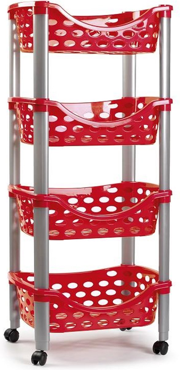 PlasticForte Keukentrolley/roltafel - 4-laags - kunststof - rood - 40 x 88 cm
