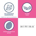 Vierkader opgedeeld met iconen: kolfflesje en reageerbuis voor -35% chemische ingrediënten, veer voor gladde huid, vingerafdruk voor dermatologisch getest. Midden rechts: Veet MINIMA.