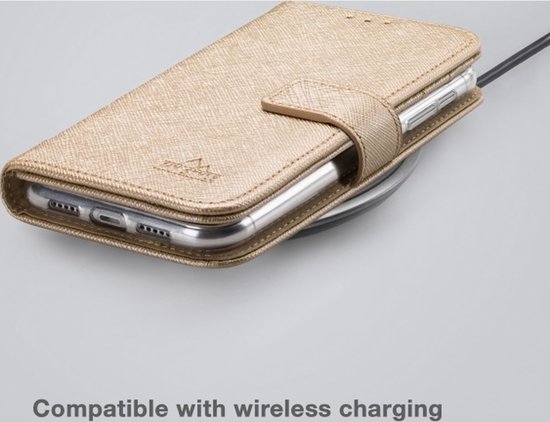 Étui de téléphone doré texturé, compatible avec la recharge sans fil.
