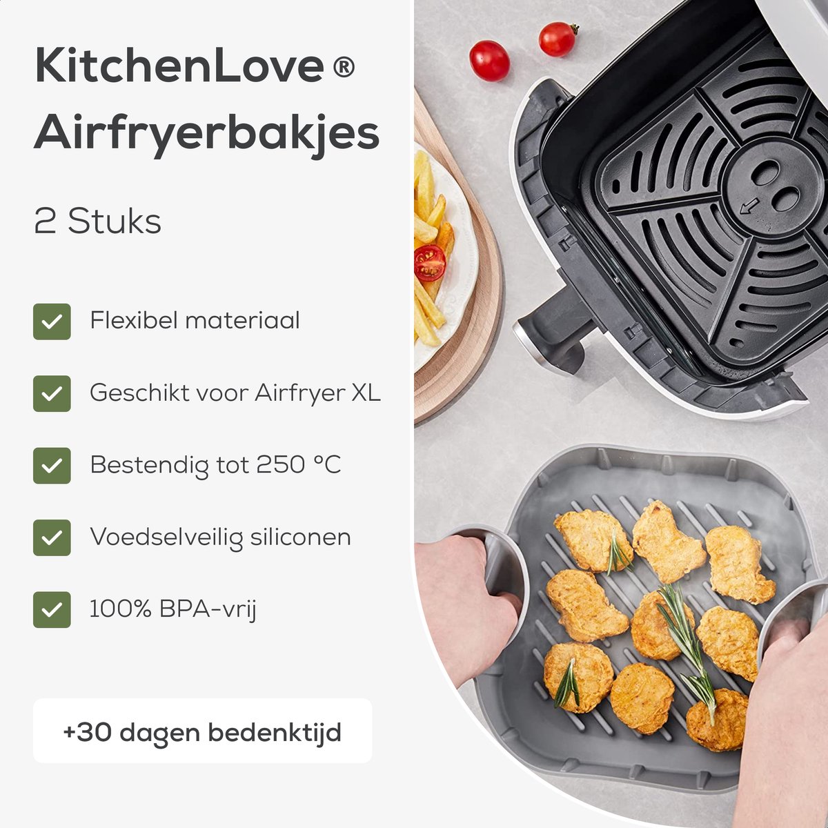 KitchenLove Airfryer Bakjes Siliconen XL - 2 Stuks - Vierkant Mandje - Bakpapier Alternatief - Accessoires - BPA Vrij - 20CM — afbeelding 4