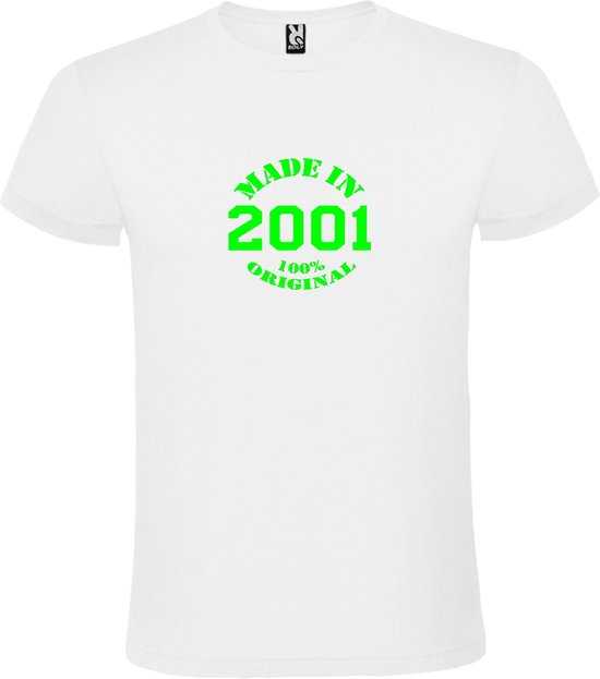 Wit T-Shirt met “Made in 2001 / 100% Original “ Afbeelding Neon Groen Size XXXXXL