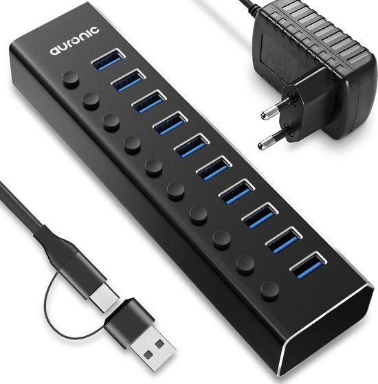Auronic USB C Hub - USB Splitter met Voeding - 10 Poorten - USB 3.0 - Docking Station - USB C naar USB A - 5 Gbps - Zwart