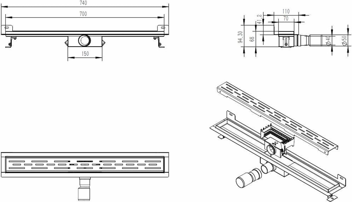 Wiesbaden Eco RVS Douchegoot met Muurflens 70 cm.