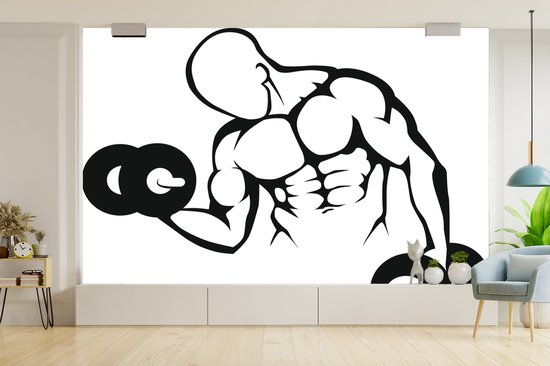Papier peint photo vinyle - Une illustration d'un bodybuilder avec des poids largeur 315 cm x hauteur 260 cm - Tirage photo sur papier peint (disponible en 7 tailles)