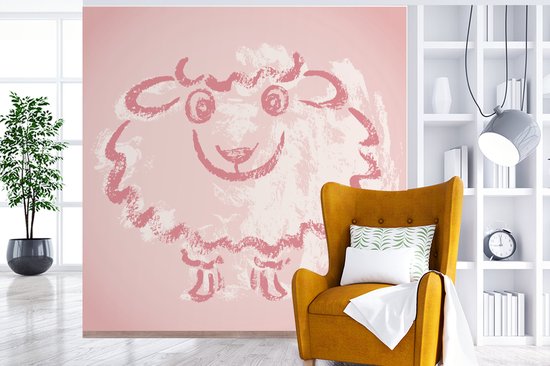 Une illustration d'un mouton dans une fotobehang rose
