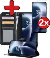 Hoesje Geschikt voor OnePlus Nord 2T Hoesje Book Case Hoes Portemonnee Cover Walletcase Met 2x Screenprotector - Hoes Geschikt voor OnePlus Nord 2T Hoes Bookcase Hoesje - Zwart.