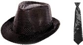Toppers - Folat - Verkleedkleding set - Glitter hoed/stropdas zwart volwassenen