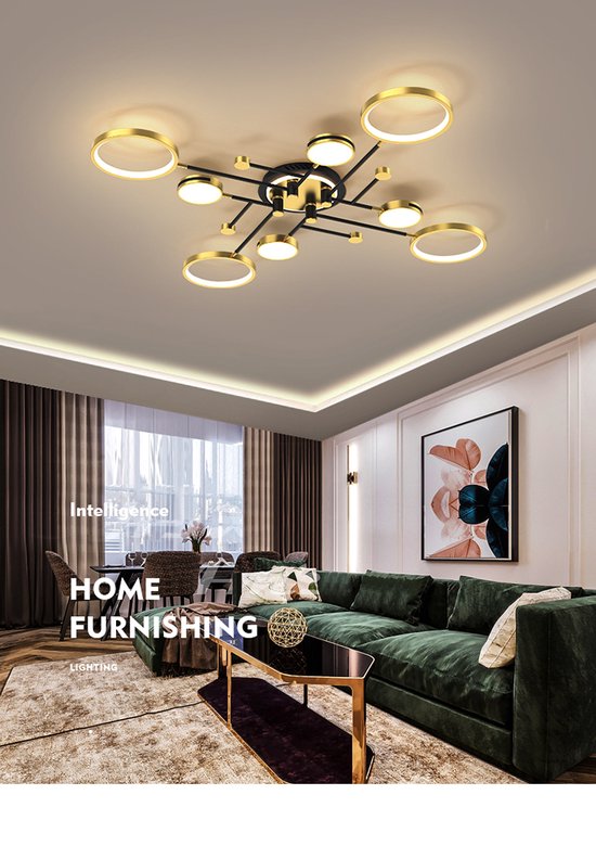Moderne Lamp Goud Zwart - 8 ringen - Dimbaar met Afstandsbediening - LED verlichting - Slaapkamer - Woonkamer - Eetkamer - Salon