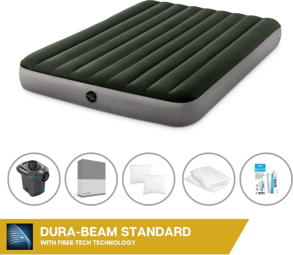 Intex Luchtbed - 2-Persoons - 152 x 203 x 25 cm - Groen - Inclusief Pomp - Hoeslaken - Kussen - Kussenbeschermer en Reparatieset