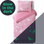 Dream Textile Teddy Micropolaire Glow In The Dark Housse de Couette Étoiles Unicorn Rose 140x200/220 cm - Qualité Super Douce