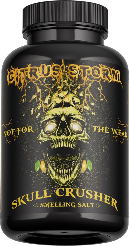 Citrus Storm Skull Crusher ruikzout. Zwarte pot met een opengesperde schedel, bliksem en citroenen. 'Not for the weak'.