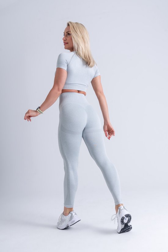 Mives® Sportlegging en Top - Yoga - Fitness set - Scrunch Butt - Dames Legging - Sportkleding - Fashion legging - Broeken - Gym Sports - Legging Fitness Wear - High Waist - LICHTGRIJZE - maat S - KORTE MOUWEN van Merkloos — afbeelding 3