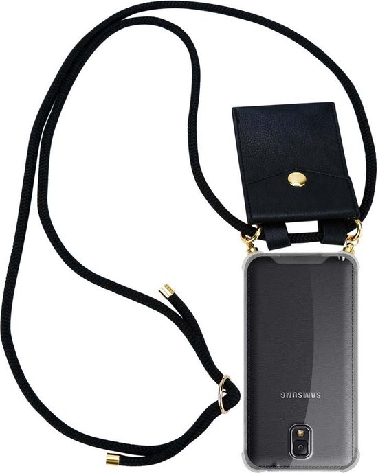 Cadorabo Hoesje geschikt voor Samsung Galaxy NOTE 3 in ZWART - Silicone Mobiele telefoon ketting beschermhoes met gouden ringen, koordriem en afneembare etui