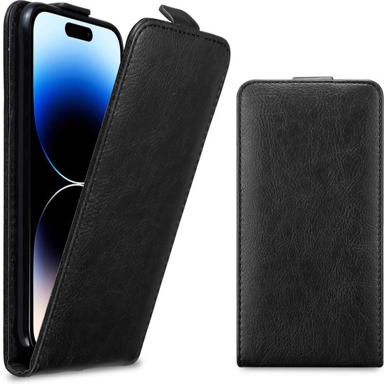 Zwarte flipcase met telefoon, half open en volledig gesloten.