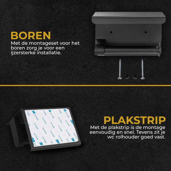 Montagemogelijkheden voor zwarte toiletrolhouder: boren of met plakstrip.