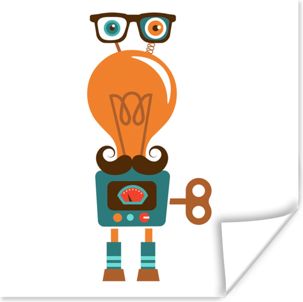 Poster 75x75 cm - Robot - Bril - Gloeilamp - Snor - Kinderen - Jongens - Posters - Kamer d