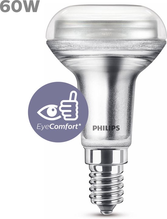 Ampoule LED Philips avec culot E14. Argentée, avec une tête transparente. '60W' et logo 'EyeComfort' visibles.