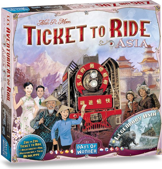 Spelbord "Ticket to Ride: Asia" met Chinese en Aziatische figuren, een rode trein en traditionele gebouwen.